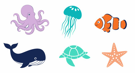Fototapeta premium Vector ocean animals illustration set vector graphic design octopus jellyfish clownfish whale turtle starfish vector