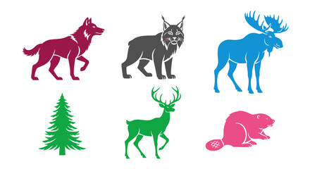 Obraz premium Vector wildlife animals vector illustration featuring wolf, lynx, moose, deer, beaver and pine tree silhouette