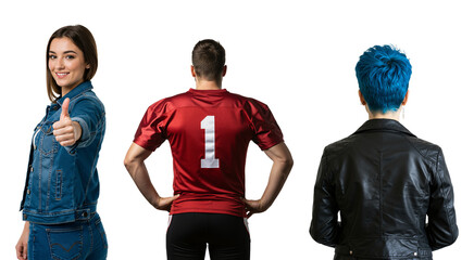 Number 1 on a football jersey. Diverse group of young people including a smiling woman giving a thumbs up, an athlete, and a person with blue hair. Different lifestyles and individuality concept.