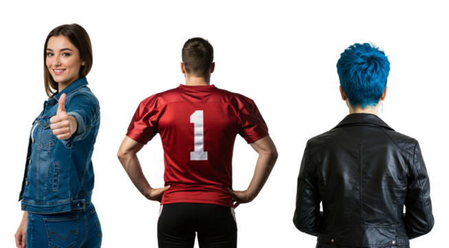 Number 1 on a football jersey. Diverse group of young people including a smiling woman giving a thumbs up, an athlete, and a person with blue hair. Different lifestyles and individuality concept.