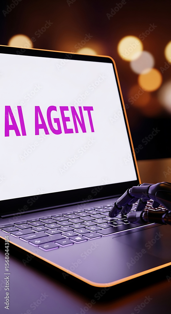 Poster artificial intelligence agent interacting with a laptop displaying text ai agent message