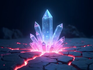 A radiant cluster of pink crystals erupts from the cracked ground, illuminating the night with magical glow