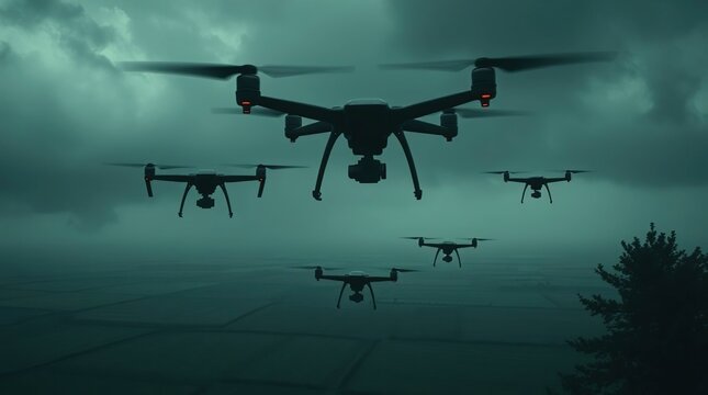 Drones Swarm Cloudy Landscape.
