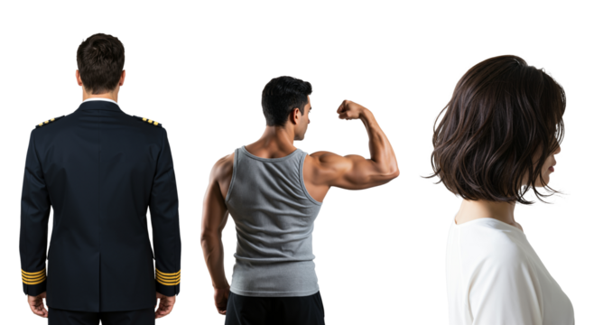 Set of people from behind. Pilot in uniform, strong man flexing his bicep, and woman with short hair. Collage on a transparent background.