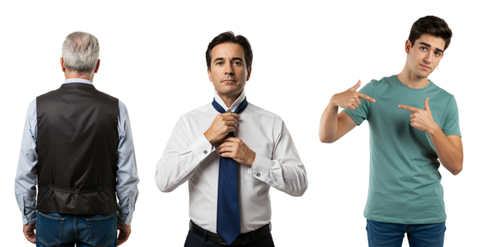 Three generations of men on transparent background. A young man, a middle-aged businessman, and a senior citizen representing life stages and career progression.