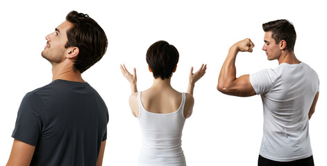 Conceptual collage of three people against a transparent background. A young man looking up, a woman with hands raised, and a muscular man flexing his bicep.