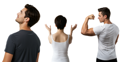 Conceptual collage of three people against a transparent background. A young man looking up, a woman with hands raised, and a muscular man flexing his bicep.