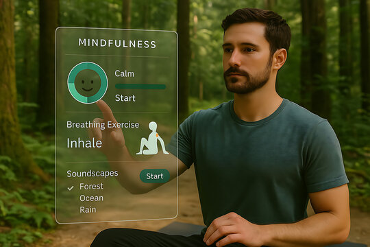 Man meditating with mindfulness app in forest with transparent screen interface for breathing exercise