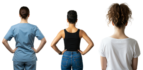 Rear view of three diverse women standing together. A nurse in scrubs, a woman in jeans, and a woman in a t-shirt against a transparent background.
