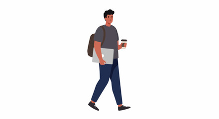 A man strides confidently, carrying a laptop, coffee, and a backpack.