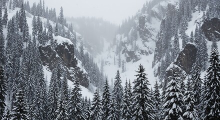 A winter wonderland displays snow covered evergreen trees amidst foggy mountains, offering a...