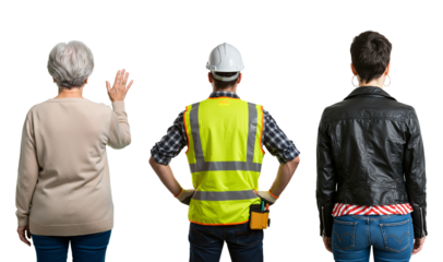 Three people from different walks of life seen from behind. An older woman waving, a man in a hard hat, and a young woman in a leather jacket.