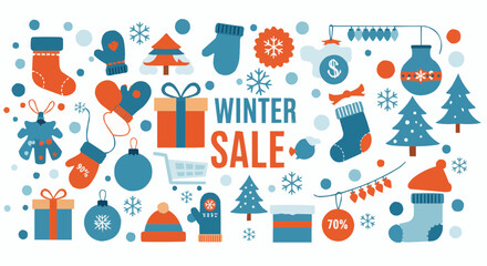 Fototapeta premium Winter sale banner with festive decorations and gift boxes.