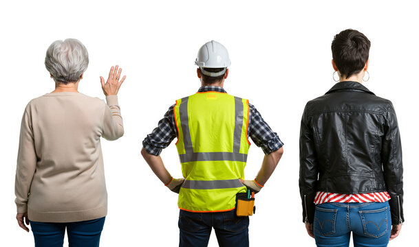 Three people from different walks of life seen from behind. An older woman waving, a man in a hard hat, and a young woman in a leather jacket.