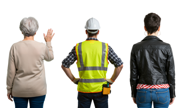 Three people from different walks of life seen from behind. An older woman waving, a man in a hard hat, and a young woman in a leather jacket.