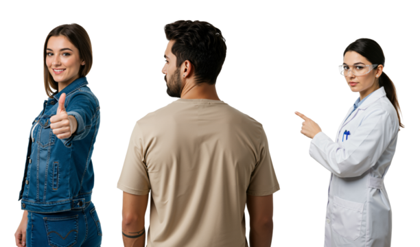 Happy young woman gives thumbs up to a man. Female doctor in a lab coat points at the man. Concept of choice, approval, and medical selection.