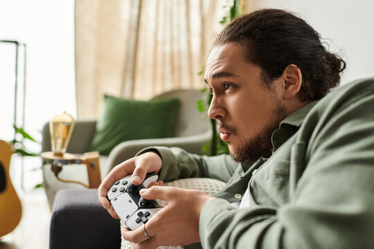 Engaging in an intense gaming session at home while embracing comfort and relaxation