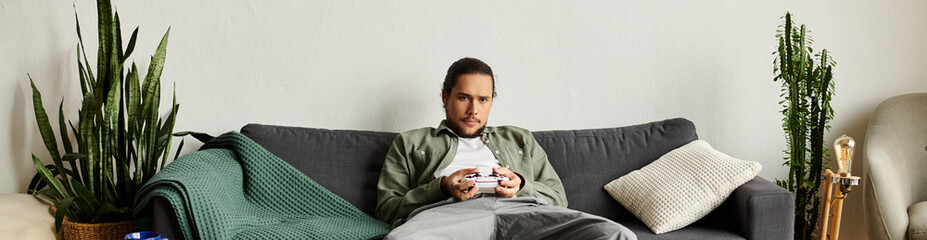 Young man enjoys gaming session at home surrounded by greenery and comfort