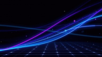 Electric blue and purple light streaks create a futuristic, dynamic scene on a grid surface under dark skies.
