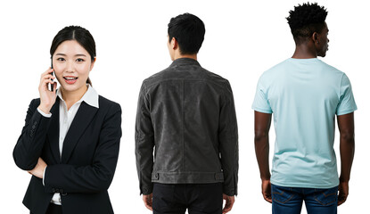 An Asian businesswoman on a phone call with two men from behind. Diverse group of young adults in professional and casual attire on a transparent background.