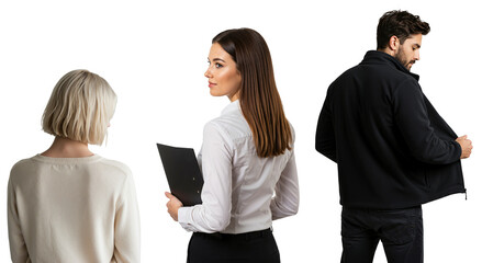 Two women and a man on a transparent background. A businesswoman watches a suspicious man opening his jacket.