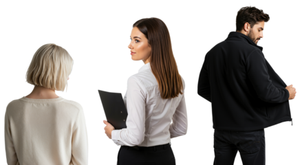 Two women and a man on a transparent background. A businesswoman watches a suspicious man opening his jacket.