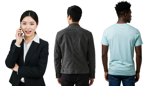 An Asian businesswoman on a phone call with two men from behind. Diverse group of young adults in professional and casual attire on a transparent background.