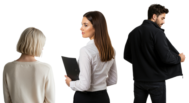 Two women and a man on a transparent background. A businesswoman watches a suspicious man opening his jacket. - Powered by Adobe