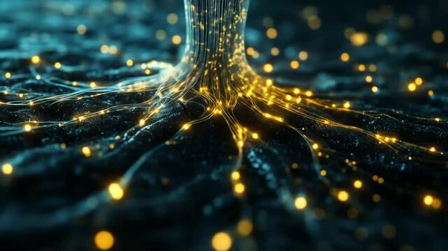 Luminous network threads across darkened landscape
