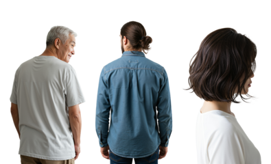 Rear view of a multi-generational group. An elderly Asian man looks back, a young man with long hair, and a woman in profile stand together.