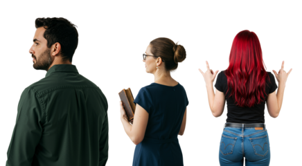 Three diverse people from behind on a transparent background. A man looking away, a woman with books, and a woman with red hair making a rock gesture.