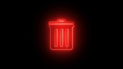 Red Neon Trash Can Icon Against Black Background garbage