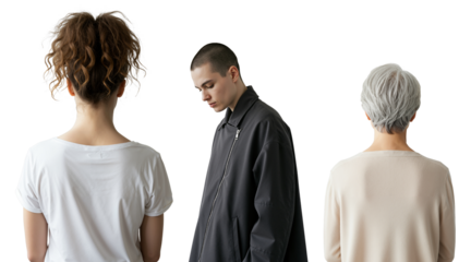 Three people of different generations, a young woman, a young man, and a senior woman, stand isolated on a transparent background. Concept of family, relationships, and generational differences.