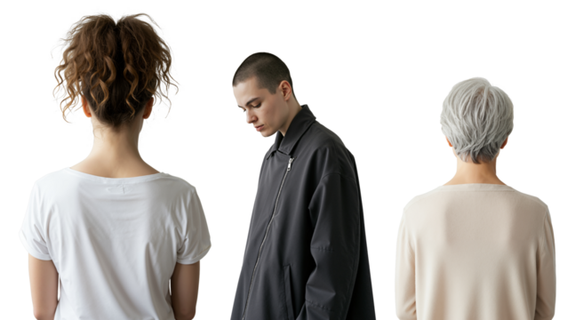 Three people of different generations, a young woman, a young man, and a senior woman, stand isolated on a transparent background. Concept of family, relationships, and generational differences.