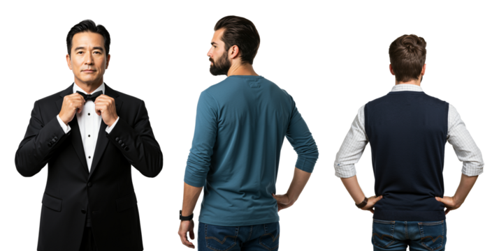 Elegant Asian man in a tuxedo adjusting his bow tie, with two casually dressed men seen from behind. A composite image showing a contrast in style and perspective.