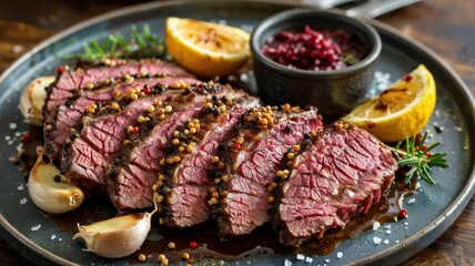 California tri tip sliced and plated on dark ceramic dish with peppercorn crust, served with roasted garlic and cranberry sauce