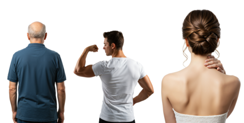 Back view of three different people on a transparent background. An elderly man, a muscular young man flexing his bicep, and a woman with an elegant hairstyle.