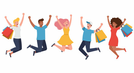 Happy shoppers jumping with shopping bags.