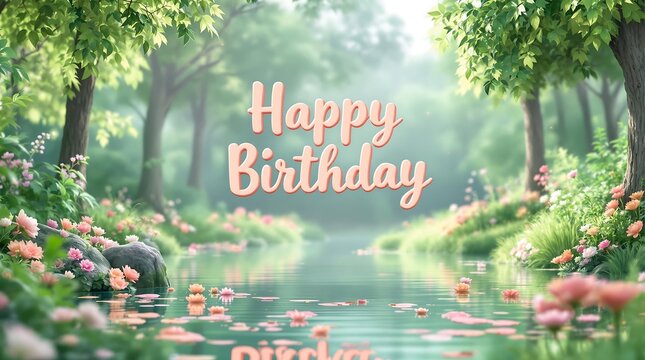Happy birthday greeting card with nature background and river for birthday wishes and celebration card design