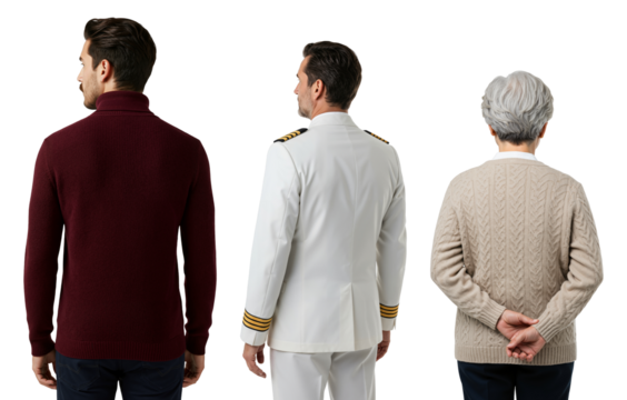 A diverse group of three people seen from the back against a transparent background. A young man, a ship captain, and an elderly woman.