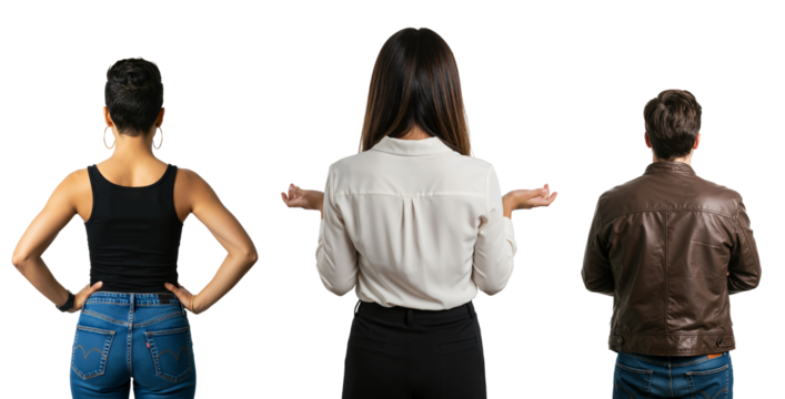 A diverse group of people seen from behind. Two women and a man standing against a transparent background showing different poses and styles.