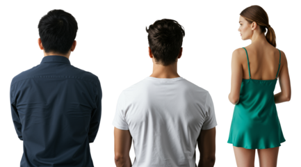 Two men and a woman from behind against a transparent background. A young woman in a green slip dress looks away from two men, representing concepts like choice, separation, or infidelity.