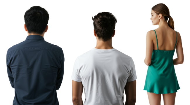 Two men and a woman from behind against a transparent background. A young woman in a green slip dress looks away from two men, representing concepts like choice, separation, or infidelity.