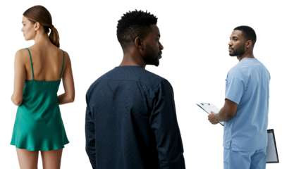 Black man patient consulting with a male doctor in scrubs, with a woman in a nightgown in the background. Composite image about healthcare, relationships, and patient care.