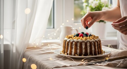 Carrot cake with fresh flower toppings and curtain light
