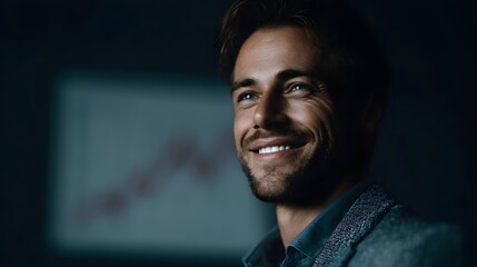 Businessman smiles at rising profit chart in office setting