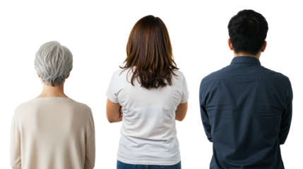 Back view of a multi-generational Asian family, an elderly woman, a young woman, and a man standing together. Concept of family, generations, and relationships.