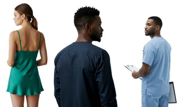 Black man patient consulting with a male doctor in scrubs, with a woman in a nightgown in the background. Composite image about healthcare, relationships, and patient care. - Powered by Adobe