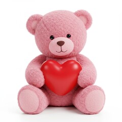 Cute pink teddy bear holding red heart, adorable Valentine&rsquo;s Day plush toy design, romantic gift idea for love, affection, and celebration of relationships, isolated on white