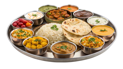 Indian thali traditional platter food cuisine meal on transparent background